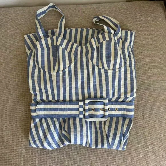 NEW Cara Cara Calypso Midi Dress Sz6 Ivory Blue Striped Seersucker Vacation - Picture 6 of 13